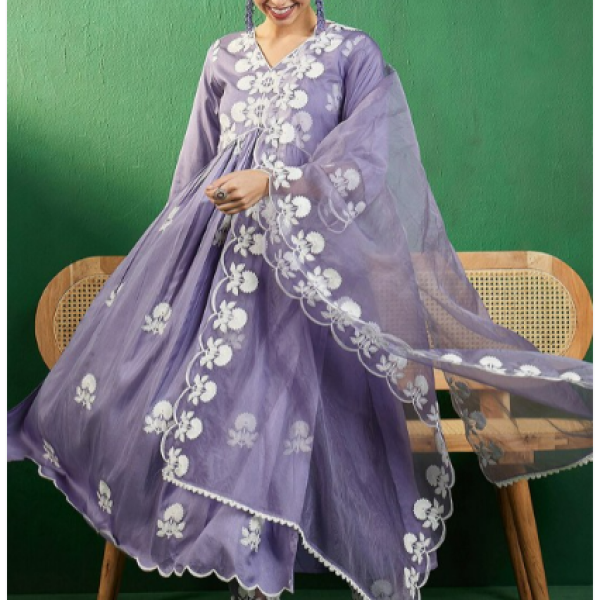 Embroidered A line kurta with Trouser & Dupatta
